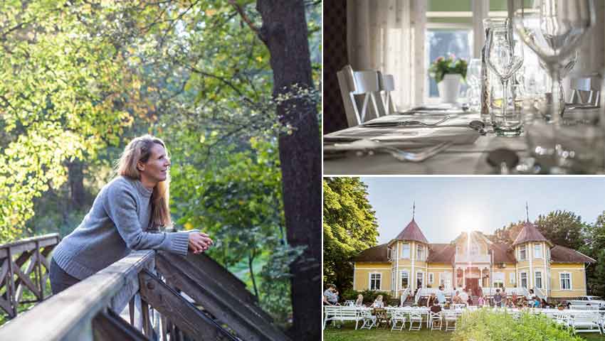 collage with woman, set table and guest house
