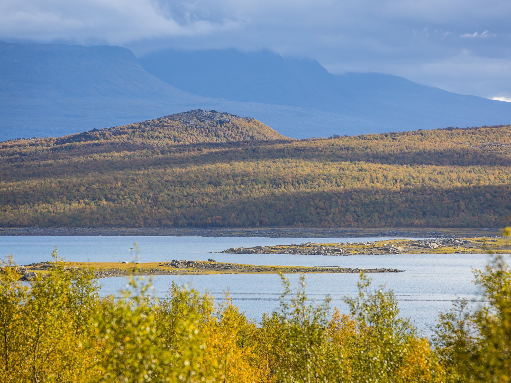 Höstfärger vid sjö med fjäll och dramatiska moln i bakgrunden.