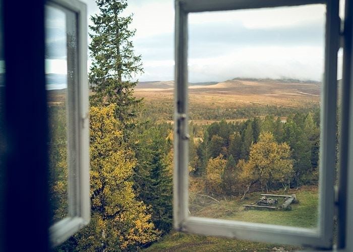 Utsikt över fjällandskap och skog genom ett öppet fönster.