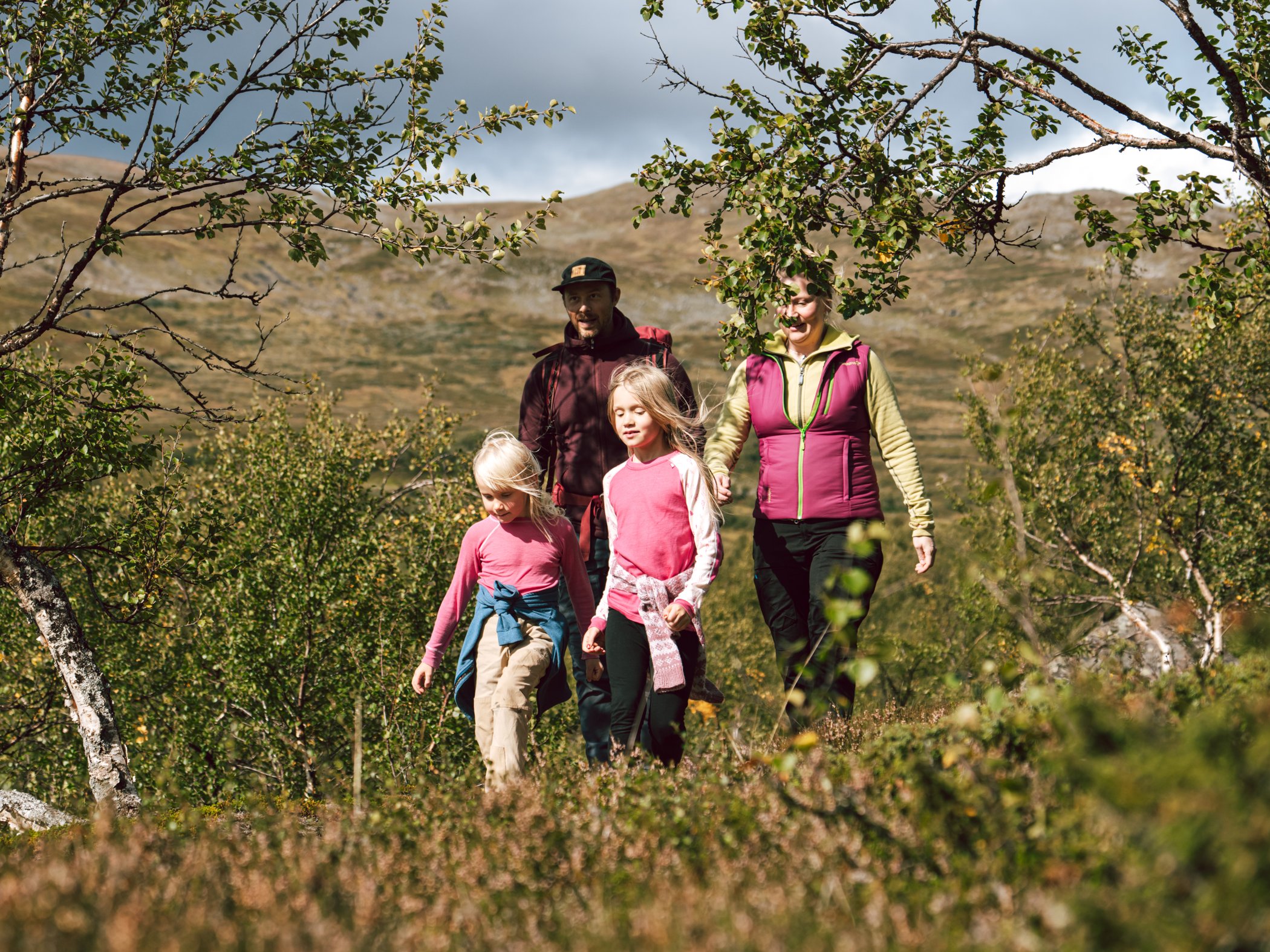 Familj vandrar genom fjällbjörkskog i fjällandskap.