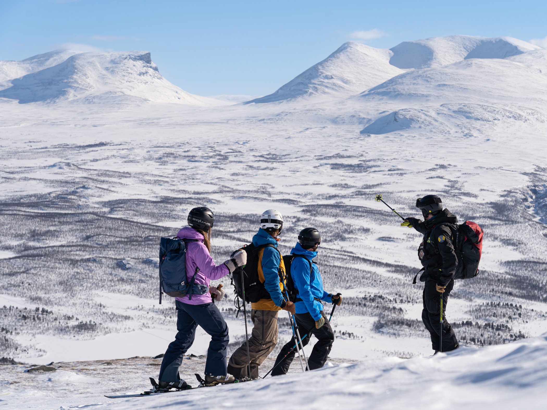 En guide pekar ut över fjället för tre personer på topptursskidor.