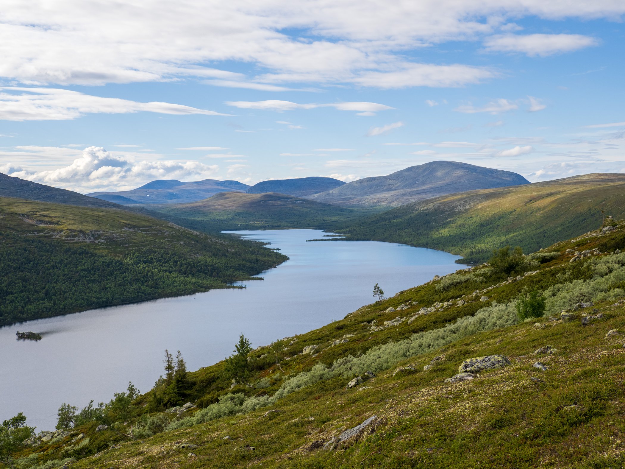 Fjällandskap med sjö och mjuka fjäll nära Grövelsjön.