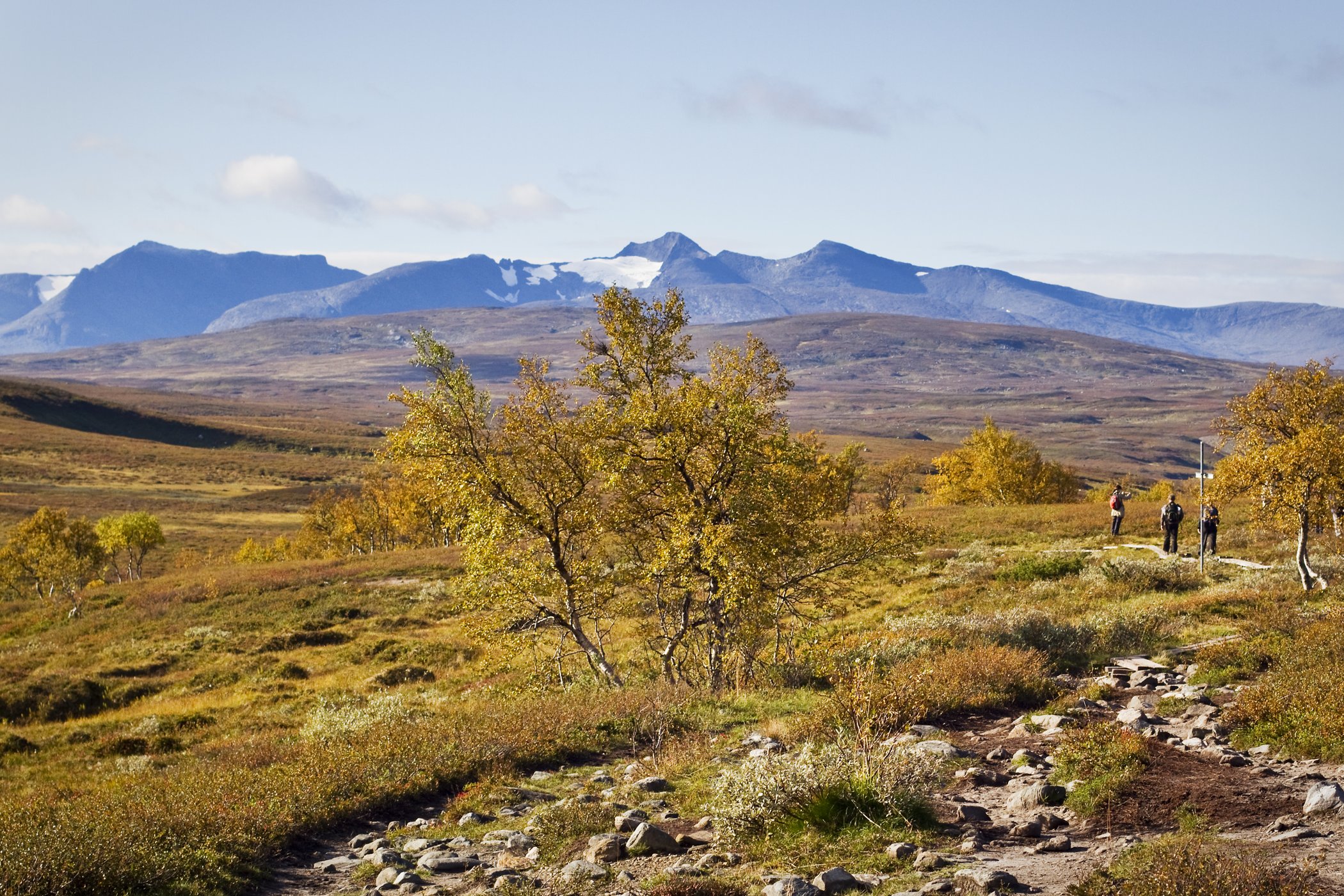 Stenig fjällstig leder genom höstfärgat landskap mot Sylmassivet i bakgrunden.