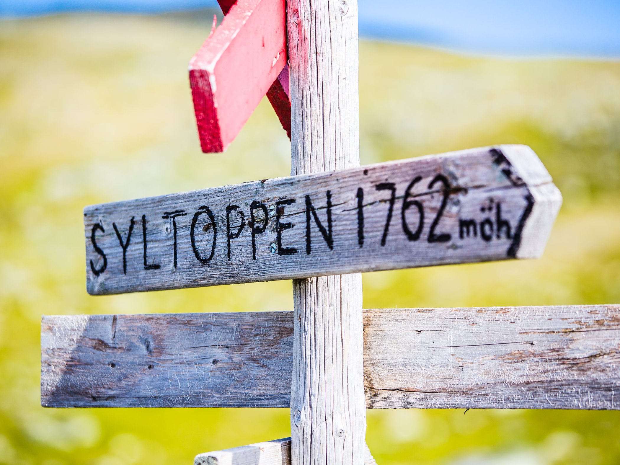 Vägvisare mot Syltoppen i öppen fjällmiljö.