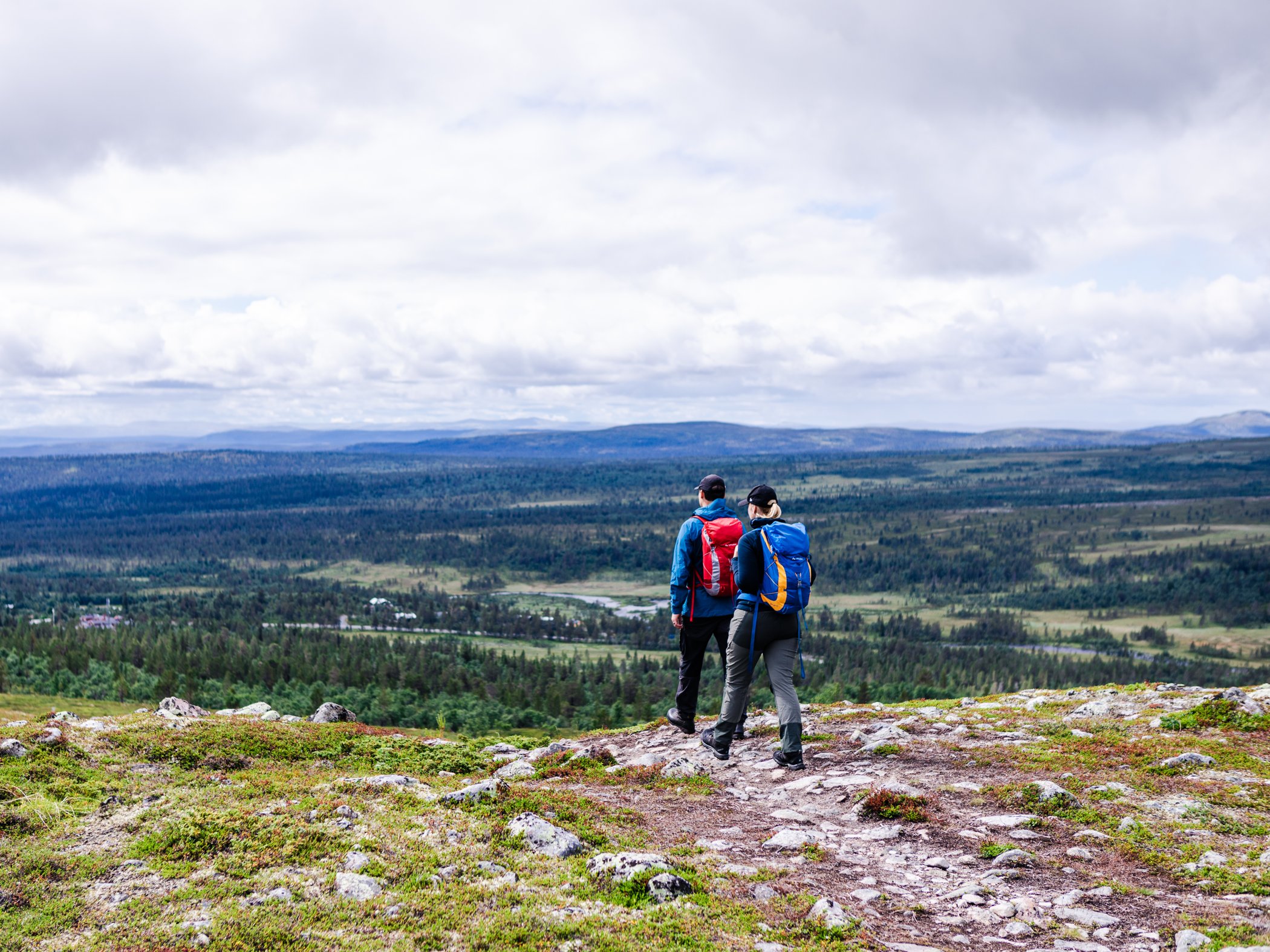 Två vandrare blickar ut över fjällandskapet nära Grövelsjön.