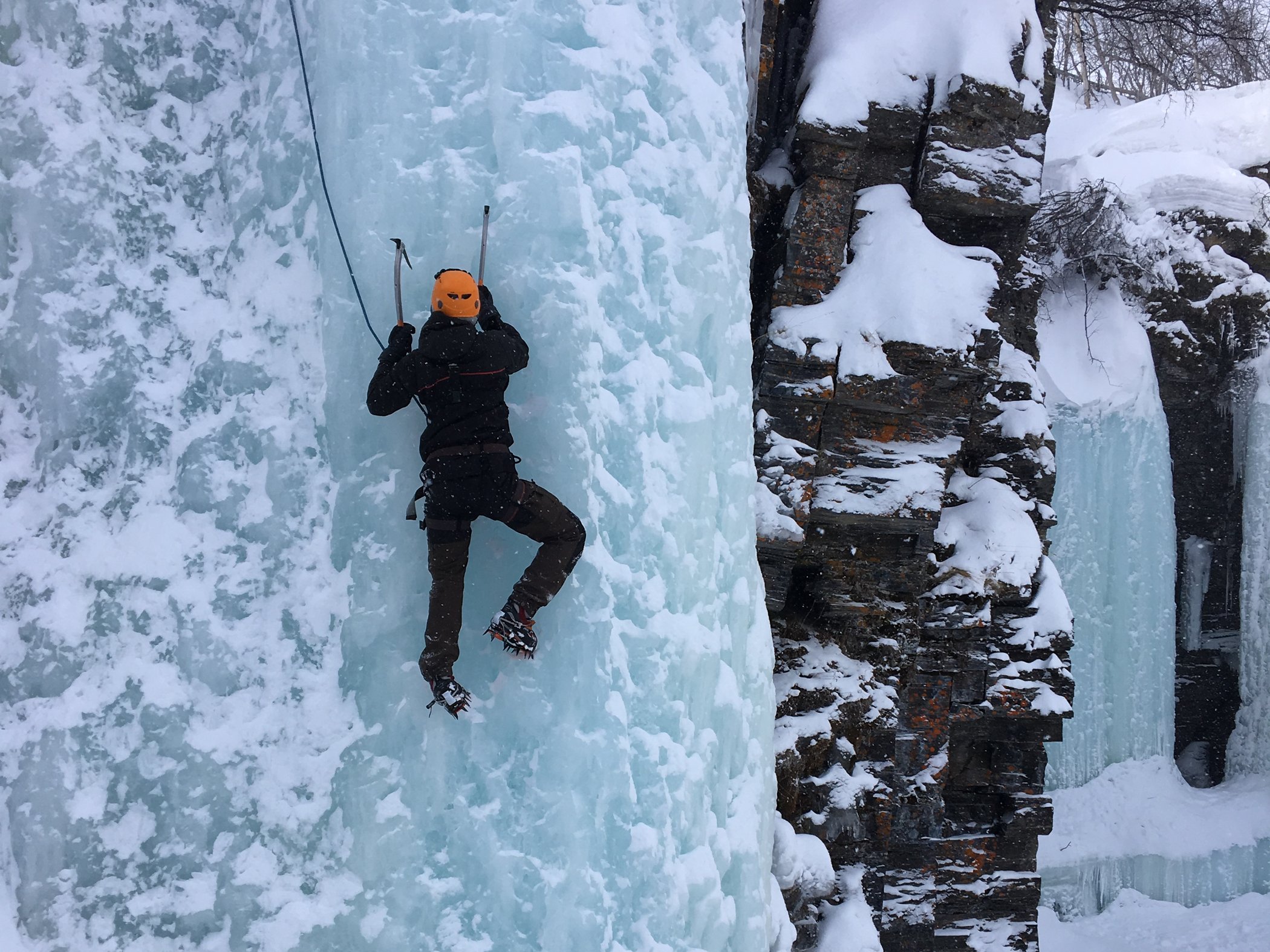 Deltagare klättrar på en frusen isvägg under isklättring i Abisko.