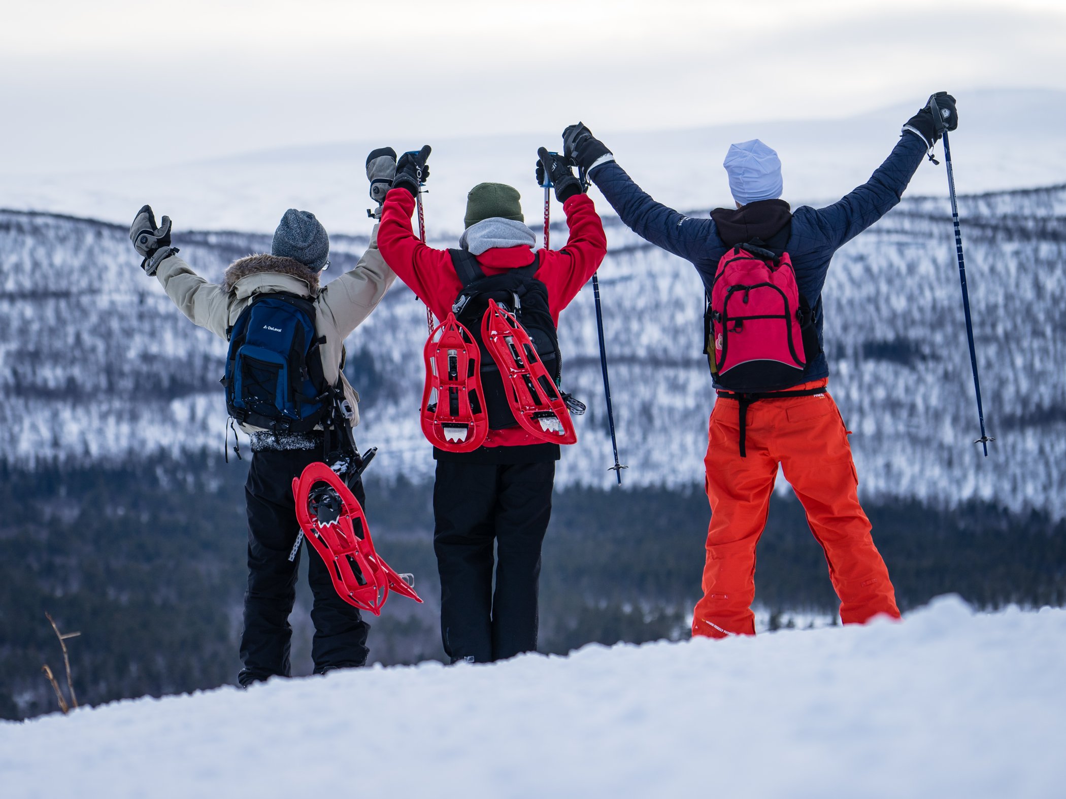 Tre personer står på en snötäckt höjd med snöskor och utsikt över fjällen.